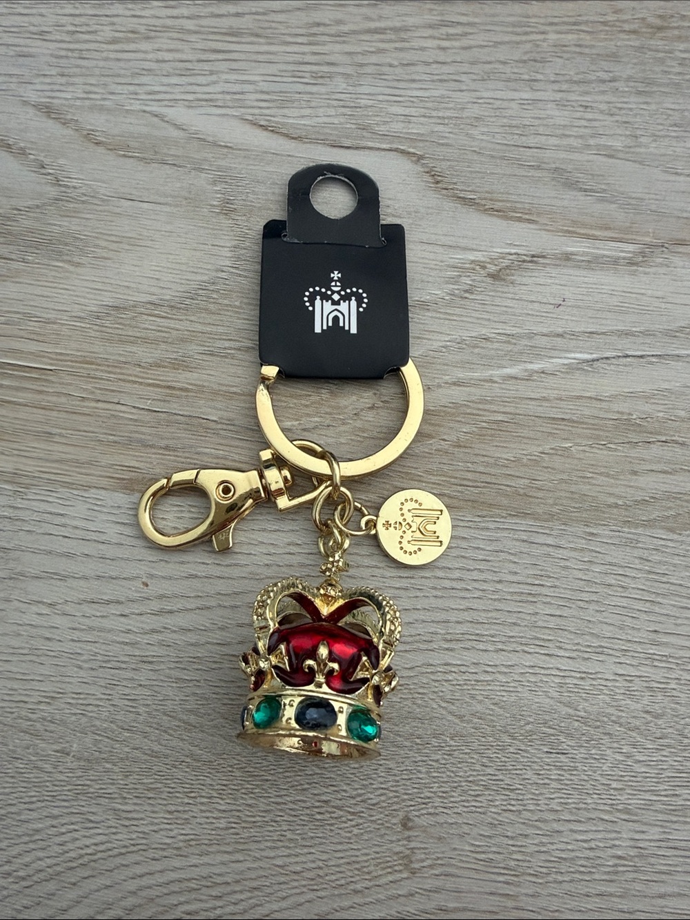 Gold Crown Keychain with Red and Green Jewels